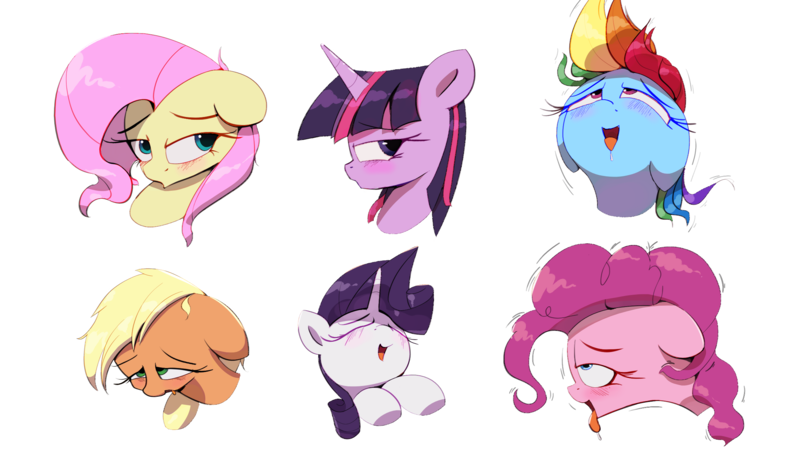 Size: 2400x1377 | Tagged: suggestive, artist:vultraz, applejack, fluttershy, pinkie pie, rainbow dash, rarity, twilight sparkle, earth pony, pegasus, pony, unicorn, ahegao, aroused, bedroom eyes, blushing, bust, drawthread, drool, ears, eyes closed, female, females only, floppy ears, image, implied orgasm, mane six, mare, open mouth, png, portrait, requested art, shaking, simple background, smiling, tongue out, transparent background, unicorn twilight
