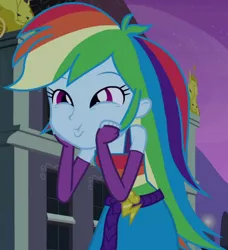 Size: 1920x2106 | Tagged: safe, derpibooru import, screencap, rainbow dash, equestria girls, equestria girls (movie), belt, canterlot high, clothes, cropped, cute, cutie mark, cutie mark on clothes, daaaaaaaaaaaw, dashabetes, dashface, fall formal outfits, fingerless gloves, gloves, hnnng, image, jpeg, night, sleeveless, weapons-grade cute