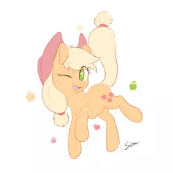 Size: 800x800 | Tagged: safe, artist:sion, derpibooru import, applejack, earth pony, pony, apple, cute, cutie mark eyes, female, food, image, jackabetes, mare, no pupils, one eye closed, open mouth, png, simple background, solo, white background, wingding eyes, wink