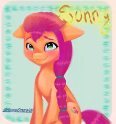 Size: 1956x2096 | Tagged: safe, artist:hannagm15byhan1, derpibooru import, sunny starscout, earth pony, pony, abstract background, blushing, braid, cute, female, floppy ears, g5, image, jpeg, looking at you, mare, sitting, smiling, solo, sunnybetes, text