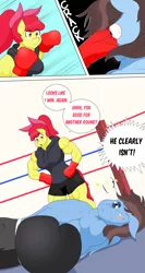 Size: 2245x4229 | Tagged: semi-grimdark, alternate version, artist:matchstickman, derpibooru import, apple bloom, oc, oc:calm wind, anthro, earth pony, pegasus, abs, apple bloom's bow, apple brawn, biceps, black eye, bow, boxing, boxing gloves, boxing ring, breasts, busty apple bloom, clothes, comic, deltoids, dialogue, duo, female, hair bow, image, injured, male, matchstickman's apple brawn series, muscles, offscreen character, older, older apple bloom, onomatopoeia, pecs, pegasus oc, png, shorts, speech bubble, sports, sports shorts, thighs, this ended in pain, thunder thighs, wings