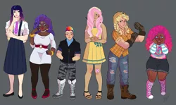 Size: 3367x2000 | Tagged: safe, artist:theartfox2468, derpibooru import, applejack, fluttershy, pinkie pie, rainbow dash, rarity, twilight sparkle, human, alternate hairstyle, applejack's hat, bandaid, barefoot, belt, black background, blackwashing, boots, bracelet, camouflage, clothes, cowboy hat, dark skin, diversity, dress, ear piercing, earring, eye scar, eyeshadow, feet, female, flannel, flats, freckles, gloves, grin, hat, high heels, humanized, image, jacket, jeans, jewelry, leaf, lip bite, makeup, mane six, nail polish, necklace, necktie, one eye closed, open mouth, pants, piercing, png, ripped jeans, ripped pants, sandals, scar, shoes, shorts, simple background, size difference, skirt, smiling, smirk, socks, stick, stockings, suspenders, sweater, thigh highs, torn clothes, tumblr nose, wall of tags, wink