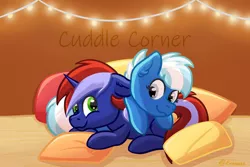 Size: 1024x683 | Tagged: safe, artist:exobass, derpibooru import, oc, oc:anny tr3e, oc:exobass, unofficial characters only, pegasus, unicorn, cuddling, female, image, jpeg, male, pillow