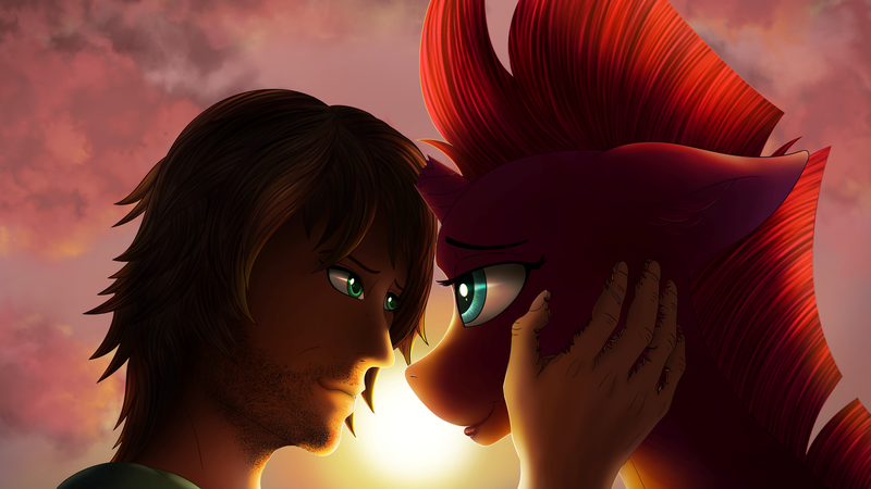 Size: 2666x1500 | Tagged: safe, artist:crimsonwolf360, derpibooru import, tempest shadow, oc, human, unicorn, broken horn, hand on cheek, horn, image, looking into each others eyes, png, smiling, sunset, touching face