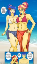 Size: 2100x3582 | Tagged: safe, artist:chuyryu, derpibooru import, flash sentry, sunset shimmer, oc, oc:lazuli melody, oc:summer daydream (sunset's mother), equestria girls, beach, bikini, clothes, female, flashimmer, image, jewelry, looking at each other, male, necklace, png, sarong, shipping, straight, sunglasses, sweat, swimsuit