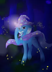 Size: 2500x3500 | Tagged: safe, artist:max_torreto, derpibooru import, trixie, firefly (insect), insect, pony, cape, clothes, derpibooru exclusive, female, forest, hat, image, magic, mare, night, png, raised leg, solo, tree, trixie's cape, trixie's hat