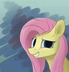 Size: 2500x2600 | Tagged: safe, artist:shturmpony, derpibooru import, fluttershy, pony, abstract background, always works, bust, dreamworks face, female, grin, high res, image, looking at you, mare, png, portrait, scene interpretation, screenshot redraw, smiling, solo, three quarter view