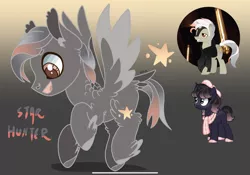 Size: 2388x1668 | Tagged: safe, artist:caramelbolt24, derpibooru import, oc, oc:star hunter, unofficial characters only, pegasus, pony, unicorn, abstract background, clothes, colored hooves, ear fluff, feathered fetlocks, horn, image, open mouth, pegasus oc, png, scarf, signature, smiling, two toned wings, unicorn oc, wings