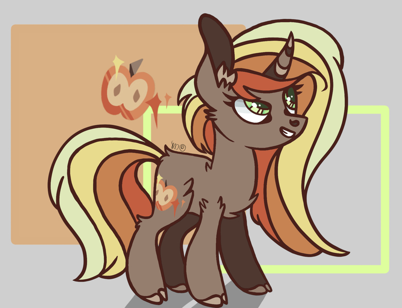 Size: 2133x1639 | Tagged: safe, artist:caramelbolt24, derpibooru import, oc, unofficial characters only, pony, unicorn, abstract background, chest fluff, cloven hooves, ear fluff, eyelashes, female, grin, horn, image, jpeg, mare, parent:applejack, parent:princess celestia, parents:applelestia, signature, smiling, story included, unicorn oc