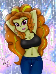 Size: 3000x4000 | Tagged: safe, artist:danielitamlp, derpibooru import, adagio dazzle, equestria girls, abstract background, arm behind head, armpits, belly button, breasts, busty adagio dazzle, cleavage, clothes, female, image, jeans, jpeg, looking at you, open mouth, pants, smiling, solo, tanktop