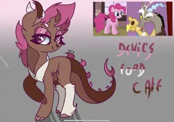 Size: 2388x1668 | Tagged: safe, artist:caramelbolt24, derpibooru import, discord, pinkie pie, oc, draconequus, earth pony, pony, abstract background, bust, draconequus oc, ear fluff, female, image, interspecies offspring, jpeg, male, mare, offspring, one eye closed, parent:discord, parent:pinkie pie, parents:discopie, reference sheet, signature, wink