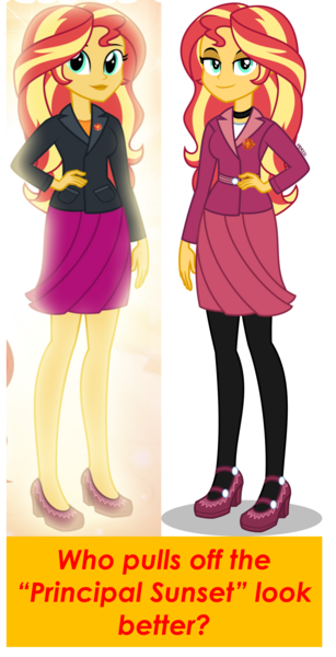 Size: 1044x2038 | Tagged: safe, artist:andoanimalia, artist:orin331, derpibooru import, sunset shimmer, equestria girls, choker, clothes, comparison, duo, female, geode of empathy, hand on hip, high heels, image, jacket, looking at you, magical geodes, older, older sunset, png, principal, principal shimmer, shoes, side by side, skirt, smiling, tights