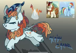 Size: 2388x1668 | Tagged: safe, artist:caramelbolt24, derpibooru import, autumn blaze, rainbow dash, oc, kirin, pegasus, pony, abstract background, cloven hooves, crack ship offspring, ear fluff, eyelashes, female, horn, image, kirin oc, mare, one eye closed, parent:autumn blaze, parent:rainbow dash, png, raised hoof, screencap reference, signature, wings, wink