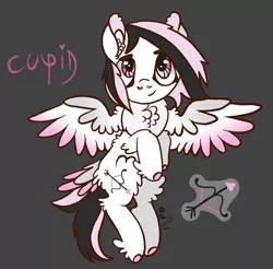 Size: 1638x1610 | Tagged: safe, artist:caramelbolt24, derpibooru import, oc, oc:cupid, unofficial characters only, pegasus, pony, arrow, bow (weapon), colored hooves, dark background, ear fluff, feathered fetlocks, flying, image, jpeg, male, pegasus oc, signature, smiling, solo, spread wings, stallion, wings