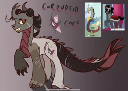 Size: 2340x1668 | Tagged: safe, artist:caramelbolt24, derpibooru import, oc, draconequus, hybrid, pony, unicorn, crack ship offspring, draconequus oc, ear fluff, gradient background, horn, image, jpeg, male, parent:discord, parent:king sombra, screencap reference, signature, stallion