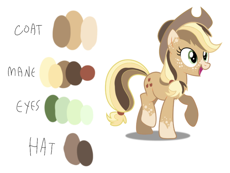 Size: 1254x943 | Tagged: safe, artist:caramelbolt24, derpibooru import, applejack, earth pony, pony, eyelashes, female, freckles, hat, image, jpeg, mare, open mouth, raised hoof, redesign, reference sheet, solo