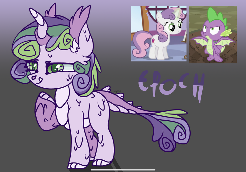 Size: 2388x1668 | Tagged: safe, artist:caramelbolt24, derpibooru import, spike, oc, dracony, dragon, hybrid, pony, unicorn, abstract background, cutie mark, ear fluff, female, filly, frown, horn, image, interspecies offspring, male, offspring, parent:spike, parent:sweetie belle, parents:spikebelle, png, raised hoof, screencap reference, signature, spread wings, the cmc's cutie marks, winged spike, wings