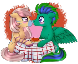 Size: 2353x1943 | Tagged: safe, artist:spokenmind93, derpibooru import, oc, oc:cygnus, oc:gale twister, pegasus, zebra, blushing, boop, cygale, female, food, image, male, noseboop, oc x oc, pasta, pegasus oc, png, shipping, simple background, spaghetti, spaghetti scene, straight, wings, zebra oc