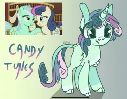 Size: 2148x1668 | Tagged: safe, artist:caramelbolt24, derpibooru import, screencap, bon bon, lyra heartstrings, sweetie drops, oc, oc:candy tunes, classical unicorn, earth pony, pony, unicorn, slice of life (episode), abstract background, chest fluff, cloven hooves, ear fluff, eyelashes, female, image, jpeg, leonine tail, lesbian, lyrabon, magical lesbian spawn, mare, offspring, parent:bon bon, parent:lyra heartstrings, parents:lyrabon, shipping, signature, smiling, unshorn fetlocks