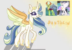 Size: 2388x1668 | Tagged: safe, artist:caramelbolt24, derpibooru import, screencap, princess celestia, thorax, oc, oc:pantheon, alicorn, changedling, changeling, changepony, hybrid, pony, abstract background, ear fluff, eyelashes, female, hoof shoes, horn, image, interspecies offspring, jewelry, king thorax, male, mare, offspring, parent:princess celestia, parent:thorax, parents:thoralestia, peytral, png, screencap reference, signature, tiara, wings
