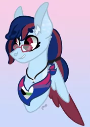 Size: 1158x1628 | Tagged: safe, artist:caramelbolt24, derpibooru import, oc, unofficial characters only, pegasus, pony, abstract background, bisexual pride flag, bust, commission, ear fluff, glasses, grin, image, jewelry, jpeg, necklace, pegasus oc, pride, pride flag, signature, smiling, solo, wings, ych result