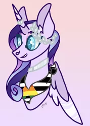 Size: 1162x1628 | Tagged: safe, artist:caramelbolt24, derpibooru import, oc, unofficial characters only, alicorn, pony, abstract background, alicorn oc, bust, choker, commission, ear fluff, grin, horn, image, jpeg, laurel wreath, neckerchief, signature, smiling, solo, wings, ych result