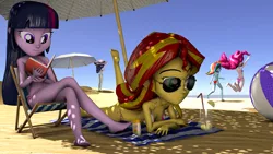 Size: 3820x2148 | Tagged: safe, artist:rarequinez, derpibooru import, pinkie pie, rainbow dash, rarity, sunset shimmer, twilight sparkle, human, equestria girls, 3d, barefoot, beach, beach ball, belly button, bikini, clothes, derpibooru exclusive, drink, feet, food, hat, image, lemon, png, reading, source filmmaker, sun hat, sunglasses, sunscreen, swimsuit, the pose