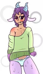 Size: 586x1000 | Tagged: safe, artist:lazerblues, derpibooru import, oc, oc:pierce, dragon, satyr, blushing, clothes, crossdressing, image, panties, parent:prominence, png, simple background, solo, striped underwear, underwear, white background