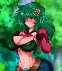 Size: 1584x1800 | Tagged: suggestive, artist:fenrox, derpibooru import, wallflower blush, human, equestria girls, belly button, big breasts, blushing, bra, breasts, busty wallflower blush, cleavage, clothes, commission, commissioner:someguy845, female, flower, flower in hair, green bra, green underwear, human coloration, humanized, image, jpeg, outdoors, sexy, shirt, shirt lift, solo, solo female, underwear