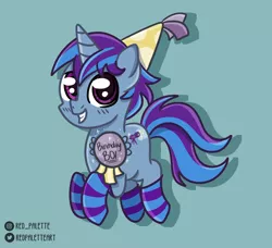 Size: 1280x1169 | Tagged: safe, artist:redpalette, derpibooru import, oc, oc:moody mercury, pony, unicorn, abstract background, birthday, button, clothes, cute, hat, hop, horn, image, jpeg, male, smiling, socks, stallion, unicorn oc