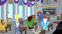 Size: 900x489 | Tagged: safe, artist:ry-bluepony1, derpibooru import, oc, oc:azure/sapphire, oc:flare spark, oc:nico (i-mlp2020), oc:swiftgaia, oc:train track, unicorn, base used, classroom, image, jpeg, school, show accurate, students