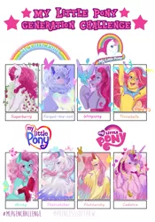 Size: 1304x1867 | Tagged: safe, artist:bunnari, derpibooru import, fluttershy, forget me not, minty, princess cadance, star catcher, sugarberry, wingsong, alicorn, earth pony, pegasus, pony, g1, g2, g3, g4, image, png, trixiebelle