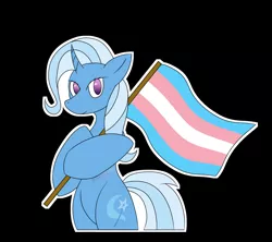 Size: 1280x1136 | Tagged: safe, artist:pokeskugga, derpibooru import, trixie, black background, fanart, image, jpeg, looking at you, pride, pride flag, simple background, standing upright, transgender, transgender pride flag