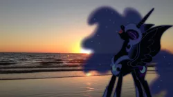 Size: 1281x720 | Tagged: safe, derpibooru import, edit, editor:tcgamebot, nightmare moon, alicorn, pony, armor, beach, eyes closed, female, helmet, image, irl, mare, photo, png, ponies in real life, sand, solo, spread wings, sun, sunset, wings