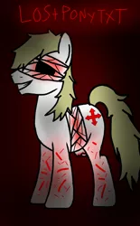 Size: 1440x2320 | Tagged: grimdark, artist:glintinghothead52704, derpibooru import, bandage, blood, image, jpeg, lostpony.txt, no eyes, red cross, red helper, scratches, severed limb, smiling