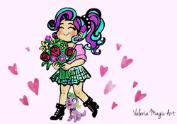 Size: 1530x1071 | Tagged: suggestive, artist:baekgup edits, artist:valeriamagicart, deleted from derpibooru, derpibooru import, edit, spike, spike the regular dog, starlight glimmer, dog, human, equestria girls, between legs, blushing, boots, bouquet, clothes, cute, duo, eyes on the prize, female, flower, high heel boots, humanized, image, looking up, lucky bastard, male, png, shipping, shoes, size difference, skirt, smiling, sparlight, straight, tongue out