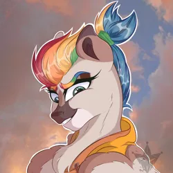 Size: 1280x1280 | Tagged: safe, artist:arlekinarts, derpibooru import, oc, unofficial characters only, pegasus, pony, bust, chest fluff, clothes, cloud, eyelashes, female, image, mare, multicolored hair, outdoors, pegasus oc, png, rainbow hair, smiling, smirk, solo, wings
