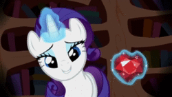Size: 1280x720 | Tagged: safe, deleted from derpibooru, derpibooru import, screencap, rarity, unicorn, season 2, secret of my excess, animated, fire ruby, gem, image, implied spike, kissing, kissy face, levitation, looking at you, magic, offscreen character, pov, ruby, solo, telekinesis, webm