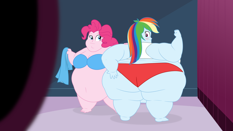 Size: 2560x1440 | Tagged: suggestive, artist:neongothic, derpibooru import, pinkie pie, rainbow dash, equestria girls, bbw, belly, belly button, big belly, blushing, bra, breasts, busty pinkie pie, butt, chubby cheeks, clothes, double chin, fat, fat ass, fat boobs, fat fetish, fetish, image, morbidly obese, obese, panties, piggie pie, png, pudgy pie, rainblob dash, rainbutt dash, ssbbw, the ass was fat, thighs, thunder thighs, underwear, weight gain