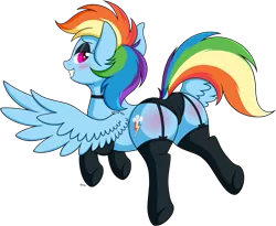 Size: 2171x1778 | Tagged: suggestive, artist:wownamesarehard, derpibooru import, rainbow dash, pegasus, blushing, butt, butt blush, choker, clothes, derpibooru exclusive, dock, female, image, panties, png, rainbutt dash, simple background, socks, solo, solo female, stockings, stupid sexy rainbow dash, thigh highs, transparent background, underwear