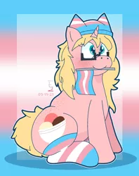 Size: 1560x1972 | Tagged: safe, artist:icecreamjaxxie, derpibooru import, oc, oc:mille feuille, unofficial characters only, pony, unicorn, back freckles, butt freckles, chubby, clothes, female, flag, food, freckles, glasses, hat, ice cream, image, mare, mouth hold, png, pride, pride flag, pride socks, smiling, socks, solo, striped socks, trans rights, transgender, transgender pride flag