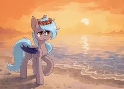 Size: 2032x1462 | Tagged: safe, artist:koviry, derpibooru import, part of a set, oc, oc:moon bloom, unofficial characters only, bat pony, pony, bat pony oc, bat wings, beach, commission, image, jpeg, raised hoof, scenery, smiling, solo, sun, water, wings, ych result