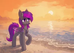 Size: 2032x1462 | Tagged: safe, artist:koviry, derpibooru import, part of a set, oc, oc:platinum wing, unofficial characters only, bat pony, pony, bat pony oc, bat wings, beach, commission, image, jpeg, raised hoof, scenery, smiling, solo, sun, water, wings, ych result