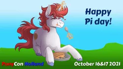 Size: 1482x828 | Tagged: safe, artist:kikirdcz, derpibooru import, oc, oc:waffles, food, image, jpeg, mascot, pi day, pie, ponyconholland, solo