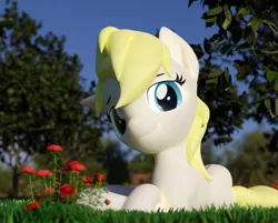 Size: 7680x6180 | Tagged: safe, artist:xppp1n, derpibooru import, oc, oc:aryanne, unofficial characters only, pony, 3d, blender, blender cycles, female, flower, grass, image, looking at you, lying down, mare, png, rose, smiling, solo, tree