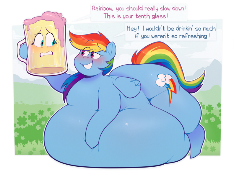 Size: 3300x2500 | Tagged: questionable, artist:secretgoombaman12345, derpibooru import, fluttershy, rainbow dash, pegasus, pony, alcohol, beer, belly, belly bed, big belly, blushing, dialogue, dreamworks face, duo, eyes visible through hair, fat, female, females only, food transformation, high res, huge belly, image, impossibly large belly, mug, outdoors, png, rainblob dash, shamrock, simple background, speech bubble, squishy, transformation, transparent background, vore, worried