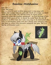 Size: 1920x2455 | Tagged: safe, artist:magnusmagnum, derpibooru import, oc, oc:bamboo mistshadow, bat pony, pony, base used, bat pony oc, bat wings, character card, cute, cute little fangs, cutie mark, fangs, female, image, jpeg, mare, open mouth, show accurate, watermark, wings