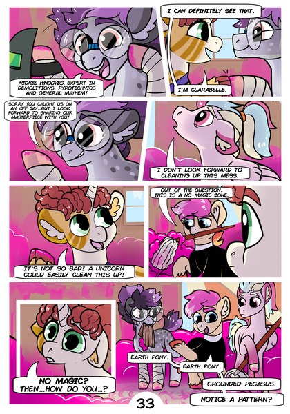 Size: 2100x3000 | Tagged: safe, artist:loryska, derpibooru import, oc, oc:clarabelle, oc:conundrum solar flare, oc:niko, oc:plumeria, hybrid, zony, comic:friendship grows, comic, glasses, image, mop, offspring, parent:derpy hooves, parent:doctor whooves, parent:quibble pants, parent:rainbow dash, parents:doctorderpy, parents:quibbledash, png