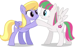 Size: 1280x801 | Tagged: safe, artist:thatusualguy06, derpibooru import, blossomforth, cloud kicker, pegasus, pony, .svg available, base used, duo, female, gritted teeth, image, looking at each other, mare, png, simple background, spread wings, transparent background, vector, wings
