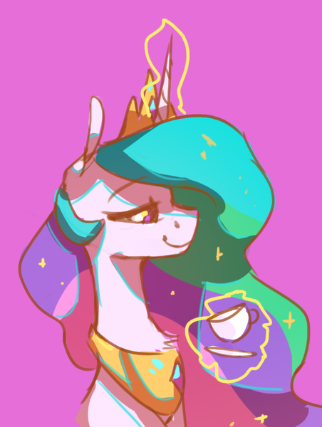 Size: 605x803 | Tagged: safe, artist:anticular, derpibooru import, princess celestia, alicorn, pony, bust, cup, female, glowing horn, horn, image, levitation, magic, mare, pink background, png, profile, saucer, simple background, solo, teacup, telekinesis